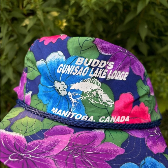 Vintage FISHING COLORFUL trucker hat BUDD’s Gunisao lake lodge manitoba rope - Picture 2 of 6